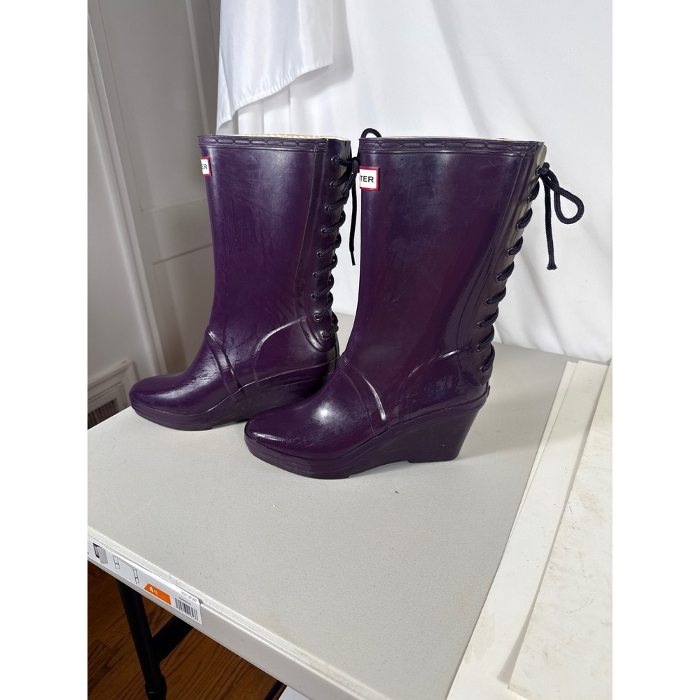 Hunter Original Lace Up Wedge Rain Boots Purple Mid Calf Waterproof 3" heel. S 8 - Picture 2 of 11